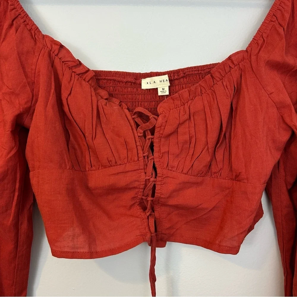NWT PacSun/La Hearts Lace Up Long Sleeve Rust Boho Crop Top  Size Medium - Picture 4 of 13